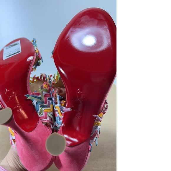 Meroine Pink Rainbow Woven 85mm raffia fringe heels mules D977 - Picture 7 of 11